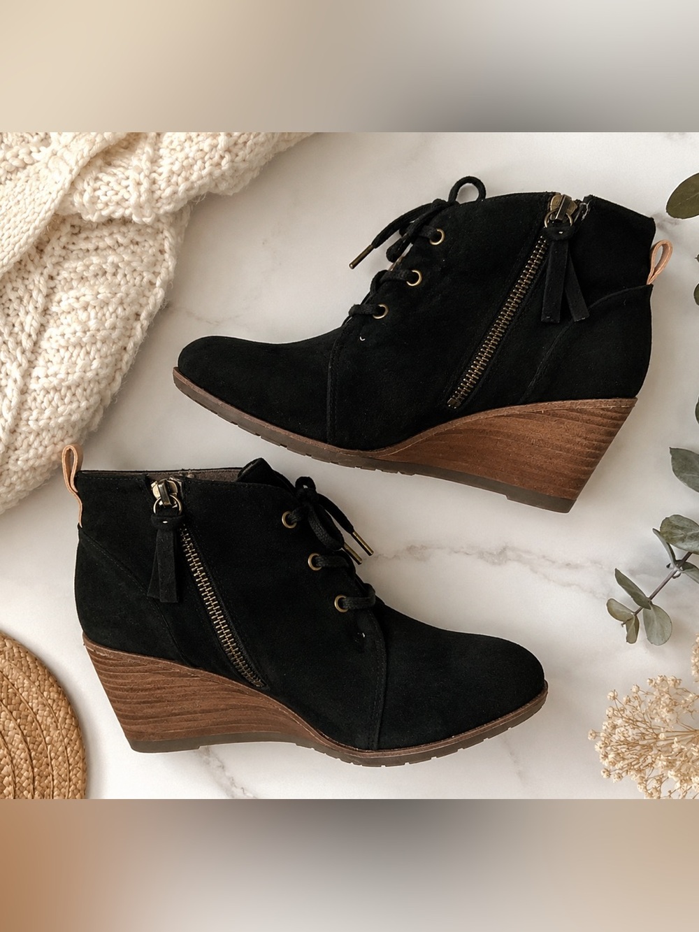 Dr. Scholl’s Black Suede Lace-Up Wedge Ankle Booties Side Zip Comfort Boots 7.5